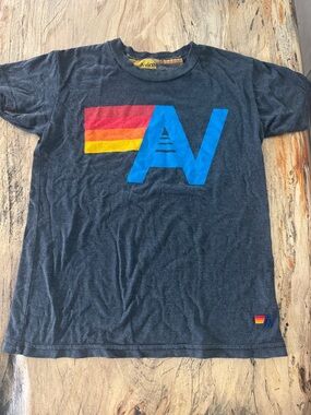 Kids Aviator Nation Charcoal Tee 10 with Red and Blue Block Graphic